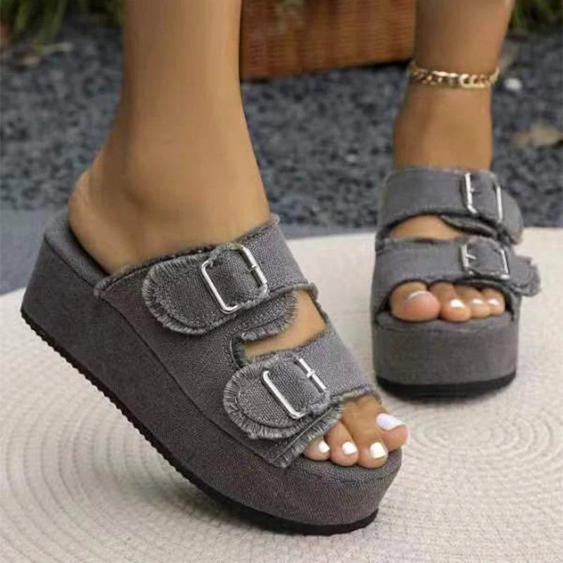Women's denim buckle wedges sandals with thick bottom in blue, army green, and grey