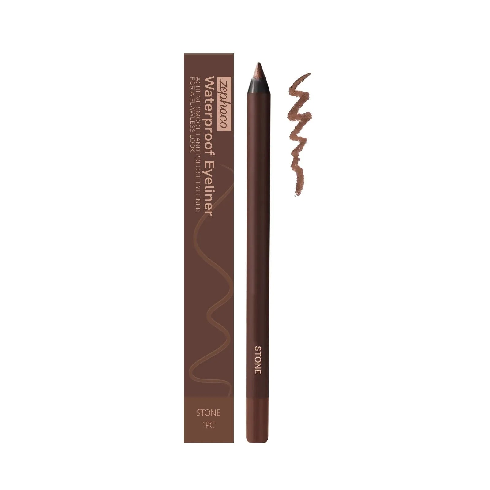 Waterproof eyeliner pen showing seven colour options: Black, Bronze, Brown, Choco, Graphite, Plum, Stone Brown
