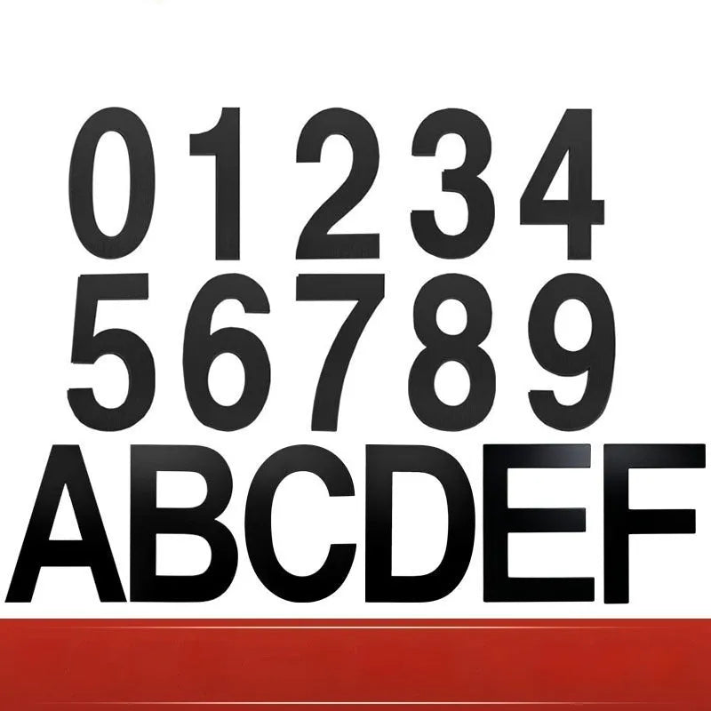 Black stainless steel sticky house number with 7.5cm digital characters showing letters and numbers