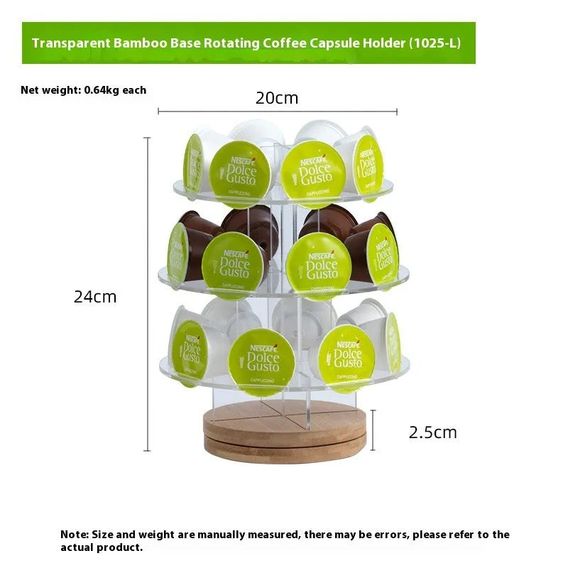 Acrylic rotatable coffee capsule storage rack in solid colour with capsules on a modern kitchen counter