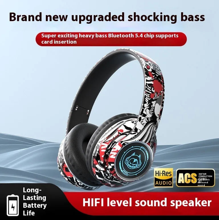 Bluetooth headset folding card design in graffiti black with breathing light, PC ABS material, for gaming and music