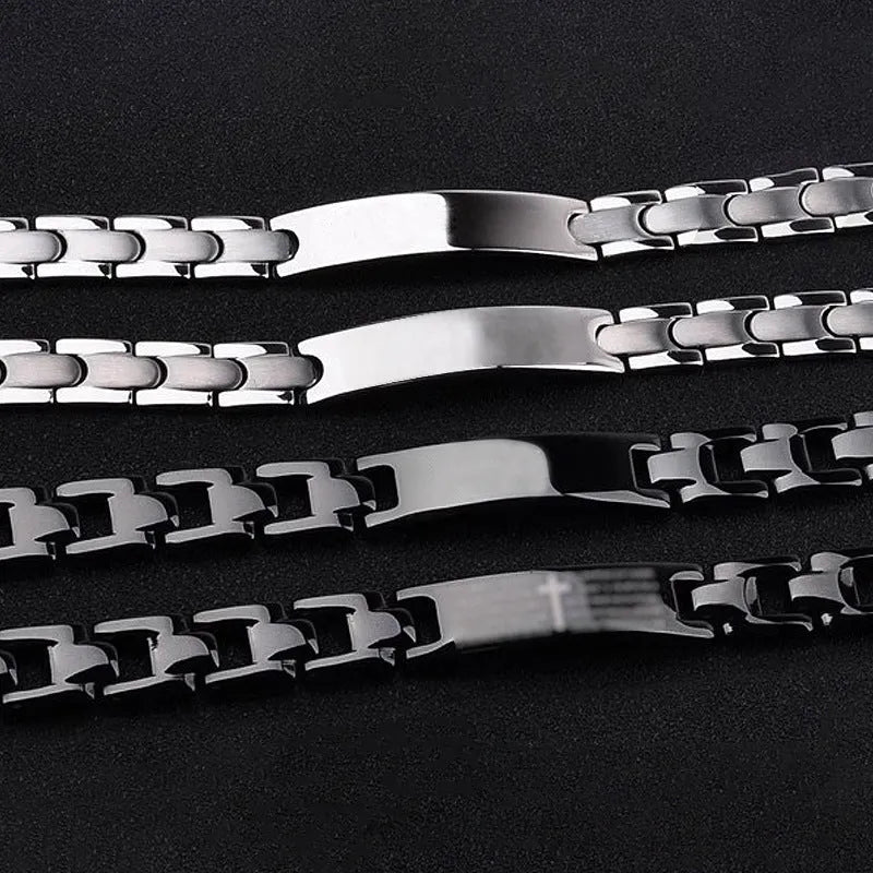 Titanium steel curved bracelet for men, electroplated black finish with geometric quadrilateral pattern