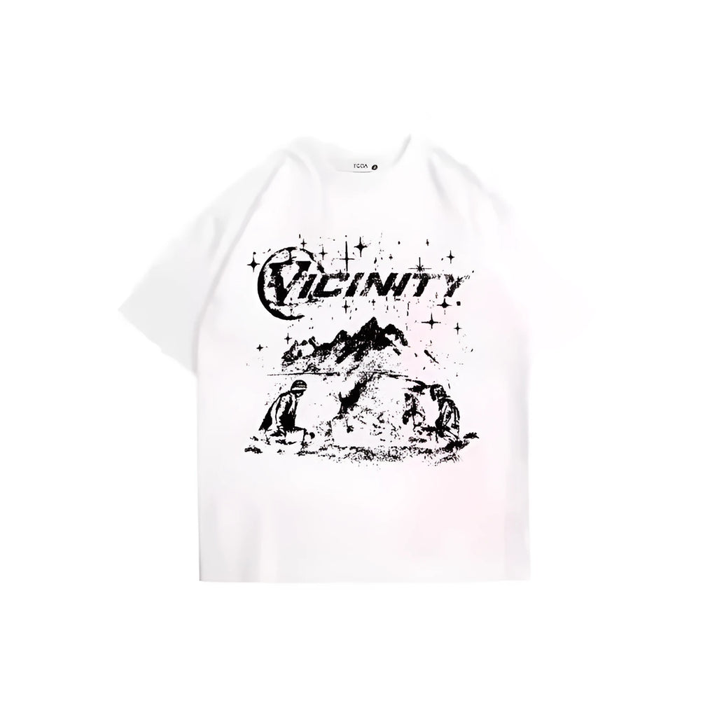 Men's grey hip hop graphic print t-shirt on a hanger, showing retro design.