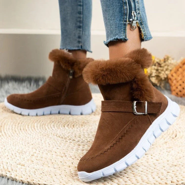 Plush snow boots with suede upper, rubber sole, and artificial fur lining for women's winter wear