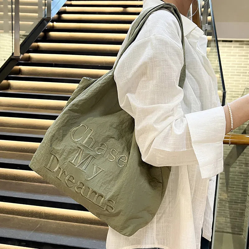 Korean-style 3D letter shoulder bag with minimalist embroidery in horizontal rectangle shape, nylon material, double straps, army green colour