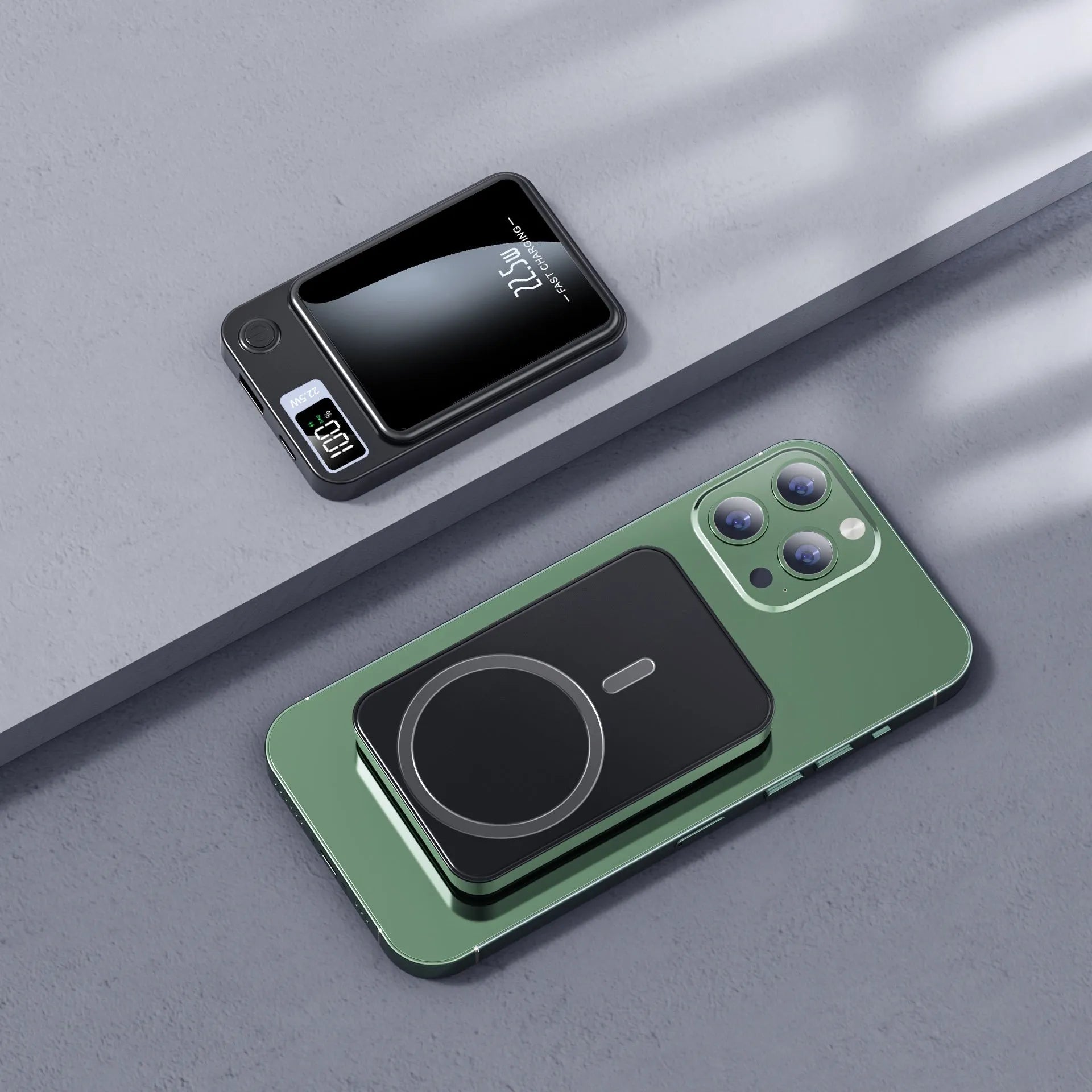 Wireless MagSafe power bank in black, white, purple, or green with industrial plastic shell