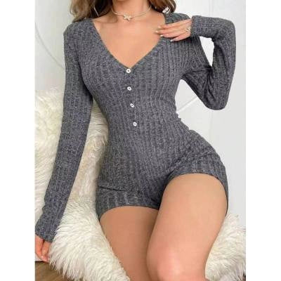 Slim fit rib-knitted jumpsuit for women in black, apricot, and light grey