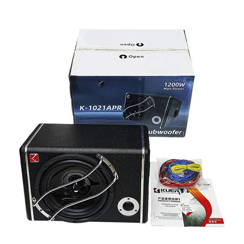 10-inch car subwoofer in MDF enclosure with PVC leather finish for 12V vehicle audio refit