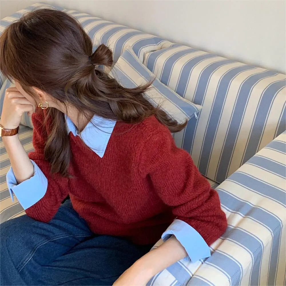 Women's loose-fitting knit top with contrast colour lapels in seven colour options
