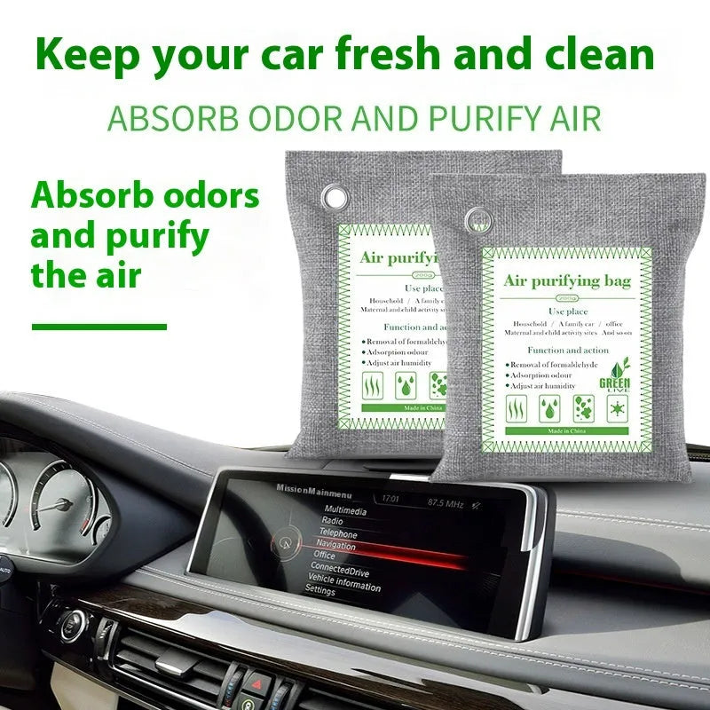 Sewn fabric packets of bamboo charcoal wrapped activated carbon for household formaldehyde removal.