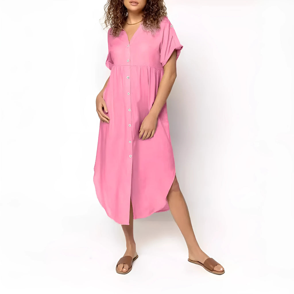 Loose fit solid colour midi dress with button fastening on a hanger.