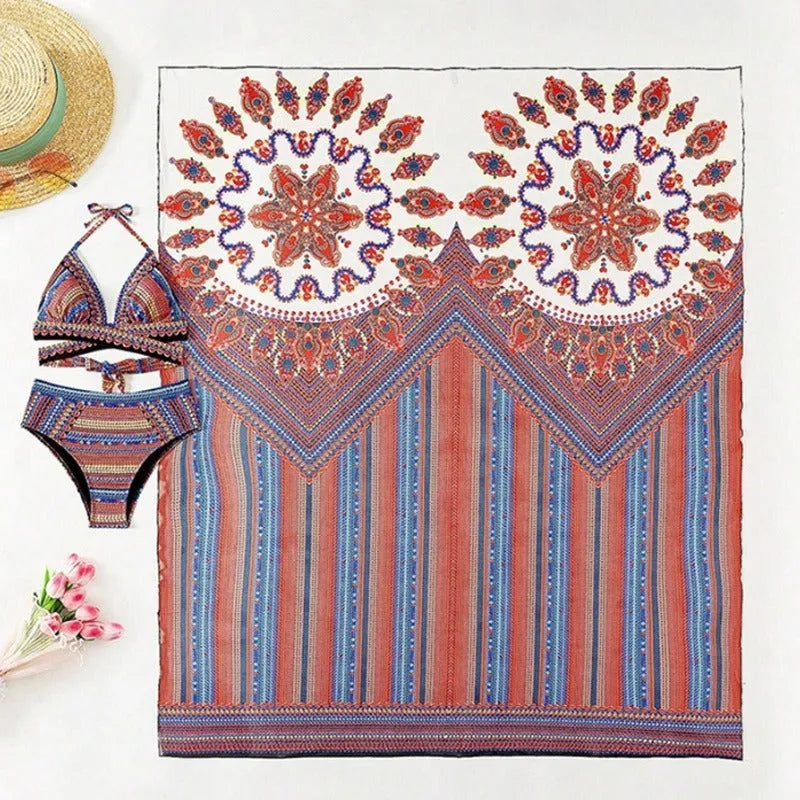 Women's three-piece swimsuit set showing a cutout blouse, high-waist briefs, and a matching coat.