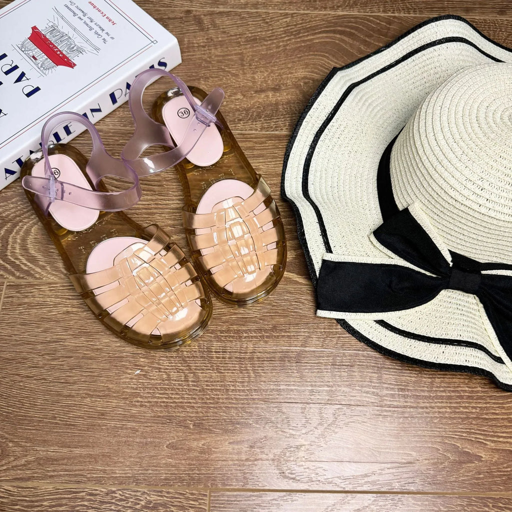 Women's hollowed-out beach flat sandals in PVC, round toe, available in black, yellow, khaki, and dark green