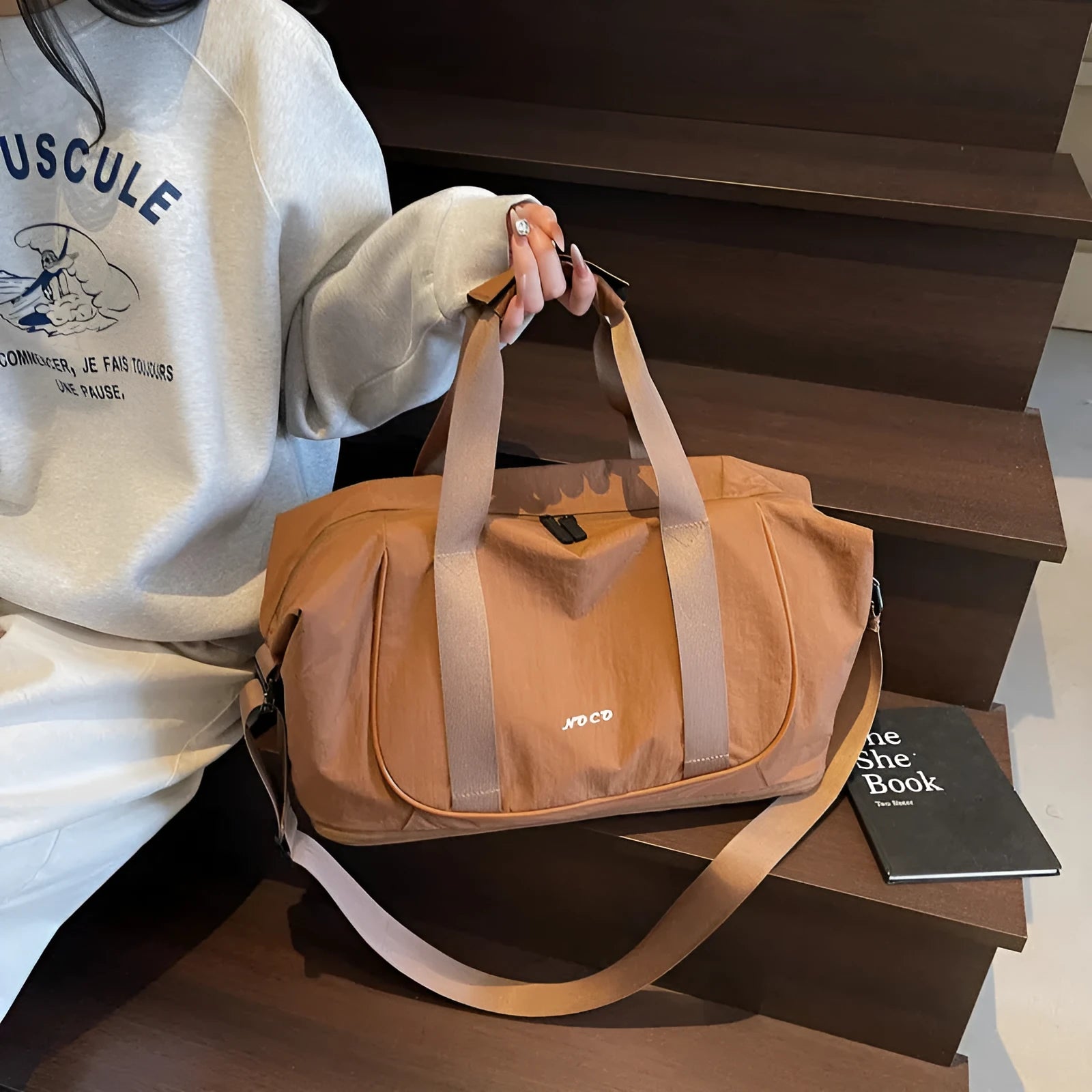 Oxford cloth one shoulder crossbody bag in beige, shown for yoga or travel use