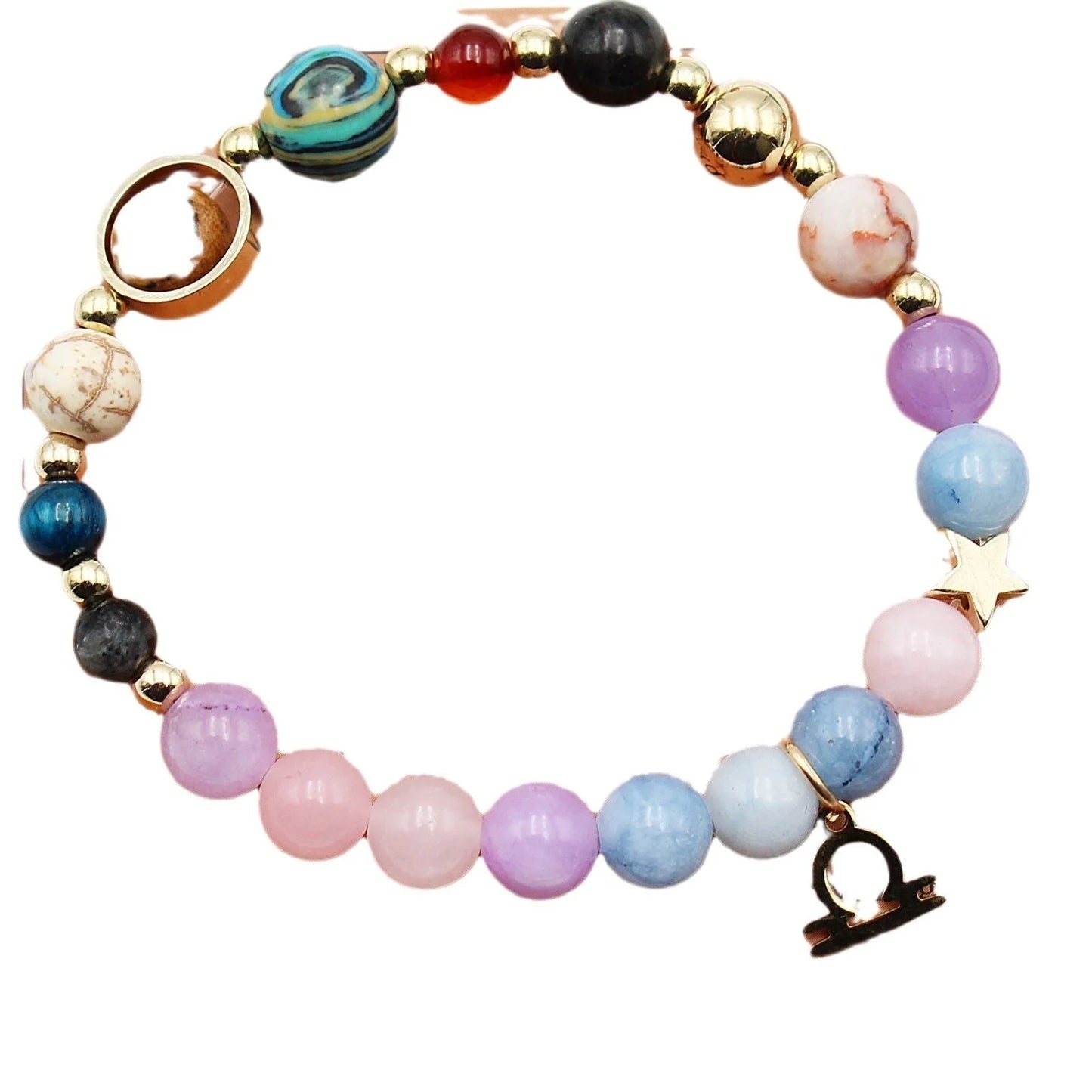 Morgan Stone beaded bracelet with twelve constellation designs, showcasing personalised zodiac signs.