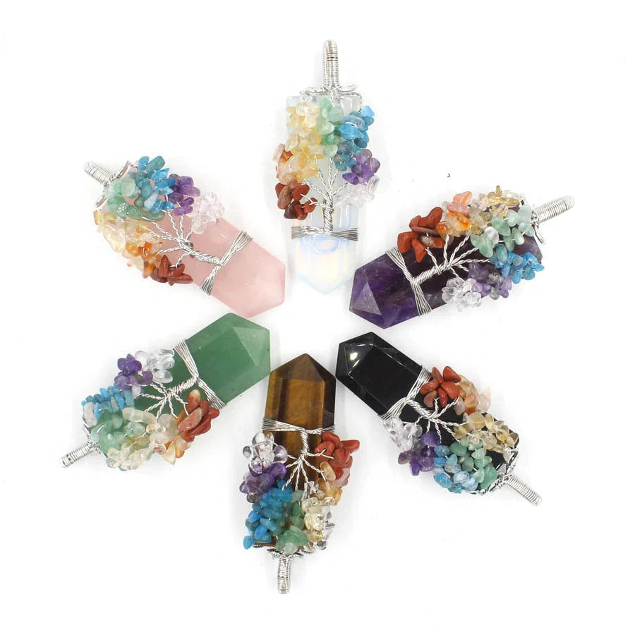 Crystal Column Tree of Life Winding Pendant Necklace in various natural crystal colours