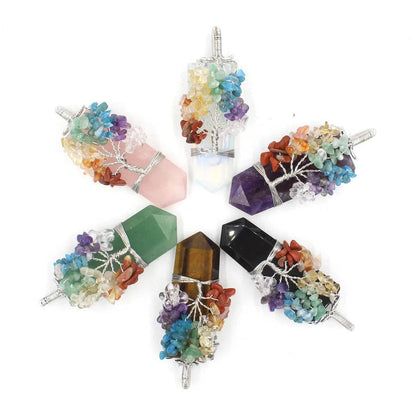 Crystal Column Tree of Life Winding Pendant Necklace in various natural crystal colours