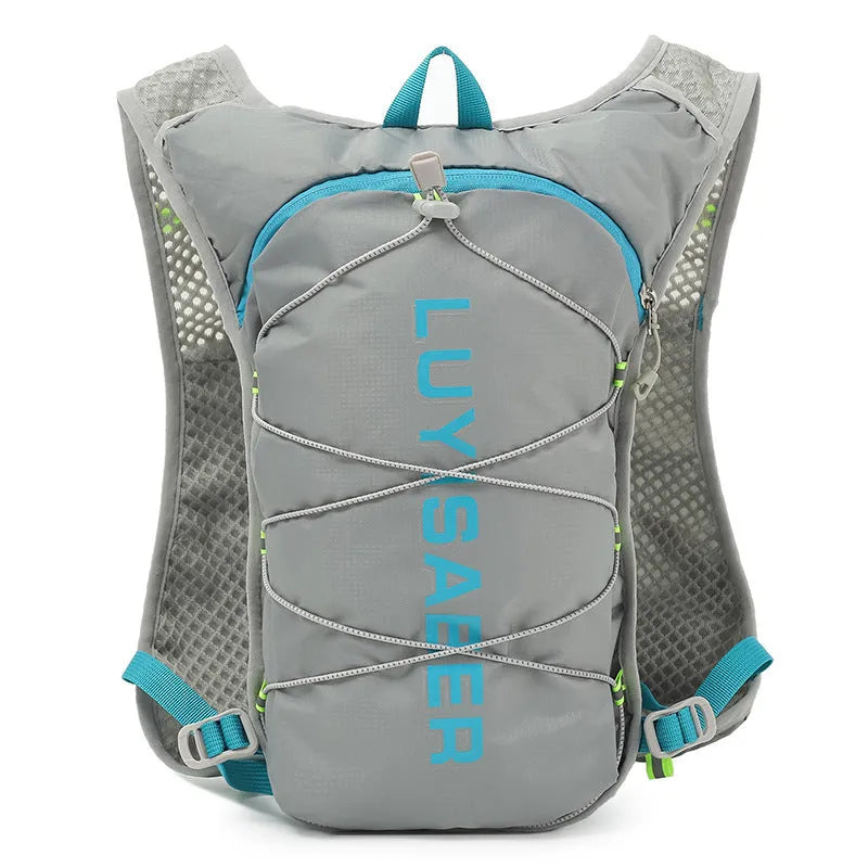 Multifunctional nylon running backpack with reflective strips in blue, purple, black, light grey, orange or cyan.