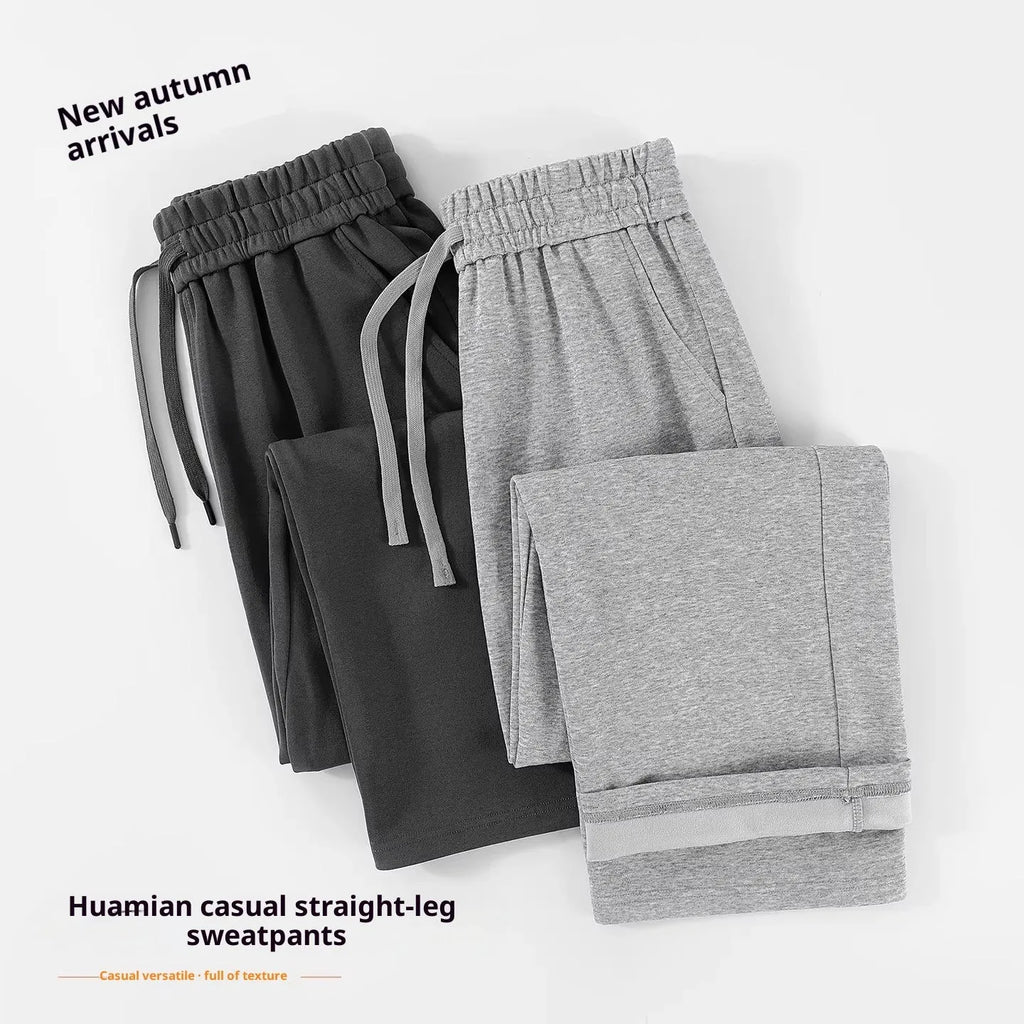High-waisted cotton straight-leg pants in grey, loose fit, women's casual sweatpants