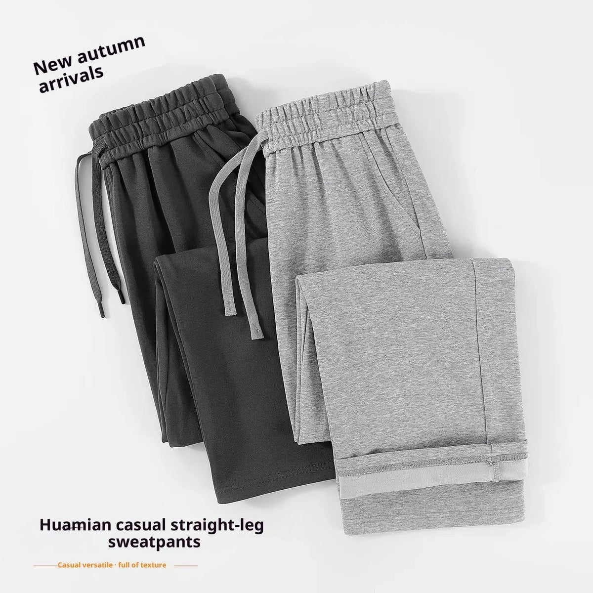High-waisted cotton straight-leg pants in grey, loose fit, women's casual sweatpants