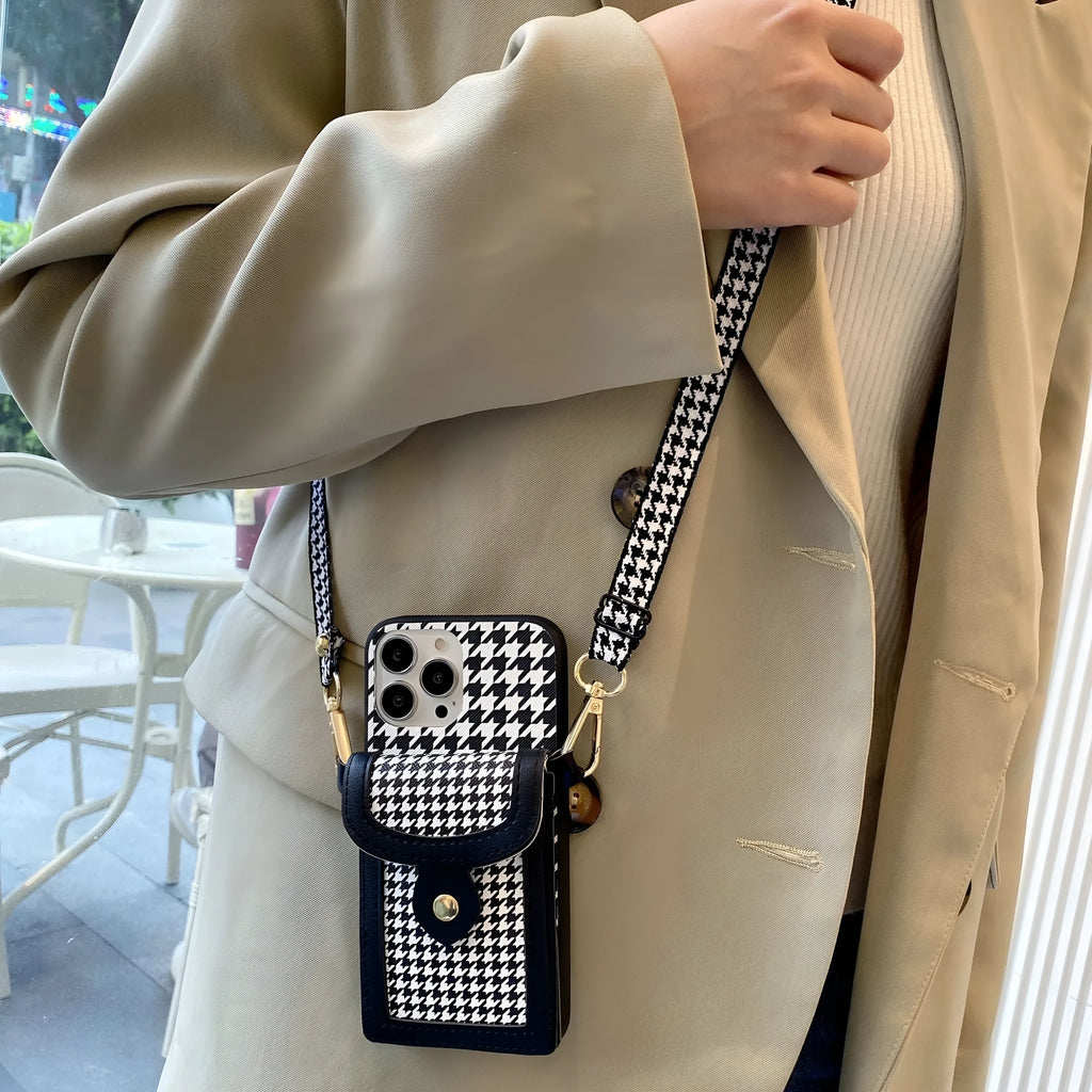 Houndstooth leather-look card case lanyard phone cover for iPhone with TPU+PC back shell