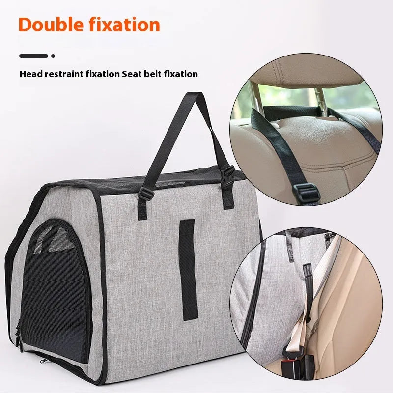 Gray portable foldable car pet cage with waterproof Oxford dog mat and PVC pipe frame for dog travel