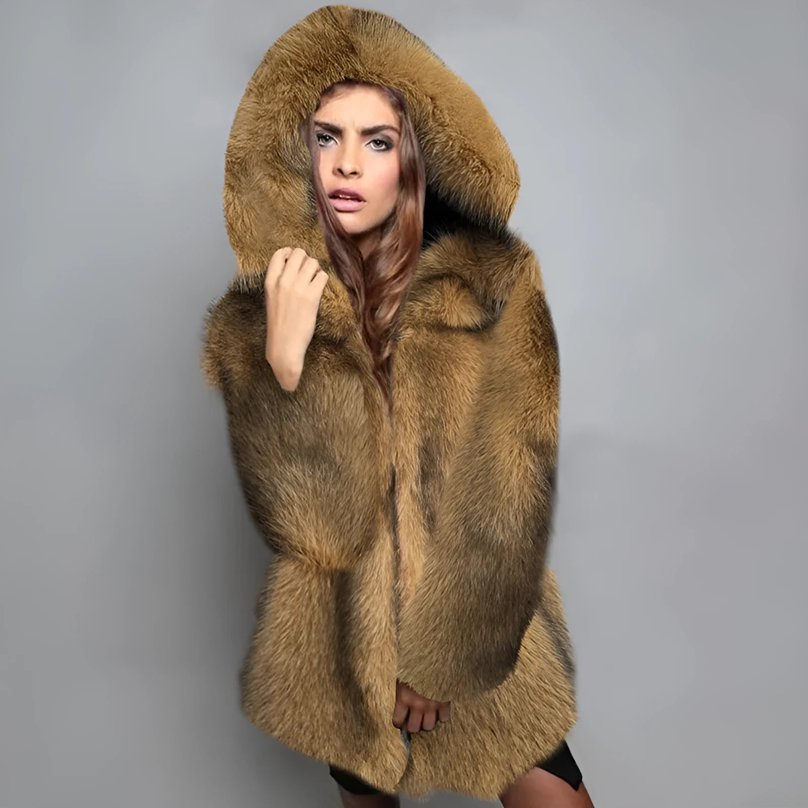 Silver grey women's artificial fur coat with loose fit and mid-length 65cm measurement