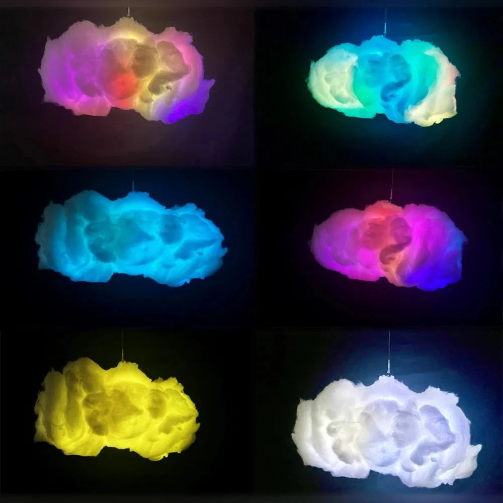 White fabric LED cloud pendant lamp with RGBIC colour changing and lightning simulation effects