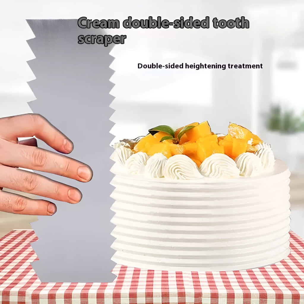 Stainless steel cream scraper with polygon cake patterns in six style variations