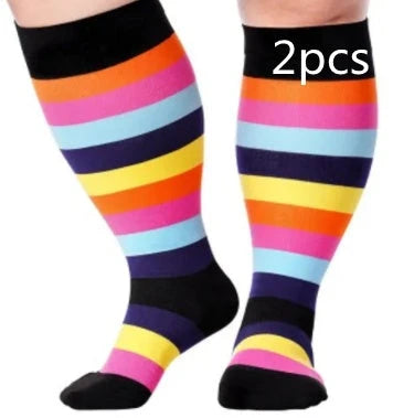 Plus-size compression socks in various stylish patterns for improved leg health and comfort