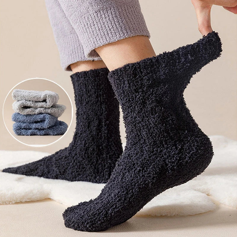 Cozy coral fleece socks in various colors, featuring soft velvet material and anti-slip design for comfort and warmth.