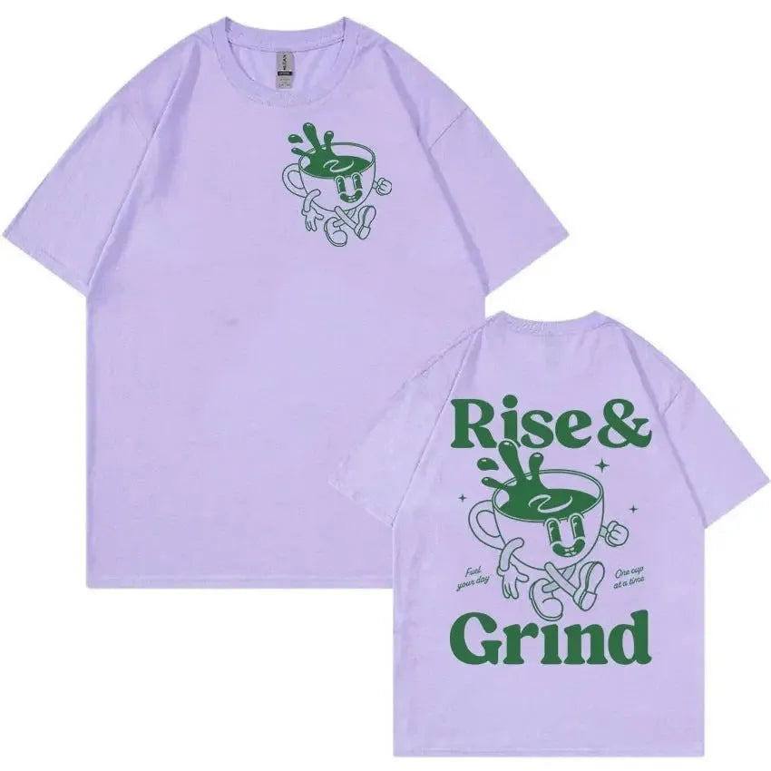 Rise And Grind Green Coffee expression printed on loose fit linen T-shirt
