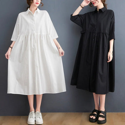 Women's linen casual loose fit short sleeve dress with POLO collar in white and black