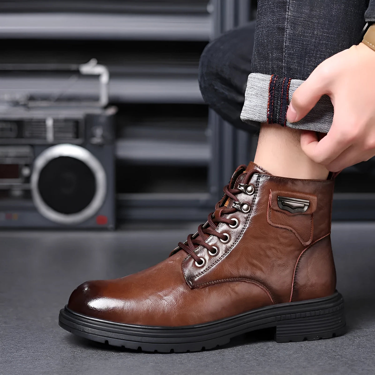 Men's Fashion Haulage brown cowhide leather booties low heel 1-3cm side view