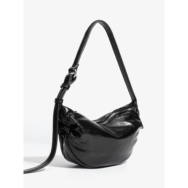 Black pleated shoulder bag with three-dimensional pocket in dumpling shape PU leather