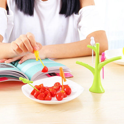 Kids' plastic fruit fork set with tree and birds design in vibrant colours