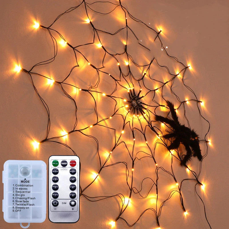 Spooky Halloween spider web string lights with 70 LED lights and realistic furry spider, perfect for indoor or outdoor decoration