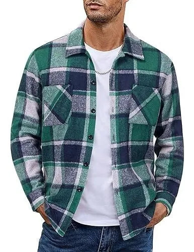 Plaid casual long sleeve shirt jacket in a grid pattern, cotton-polyester blend, cardigan style, available in multiple colours