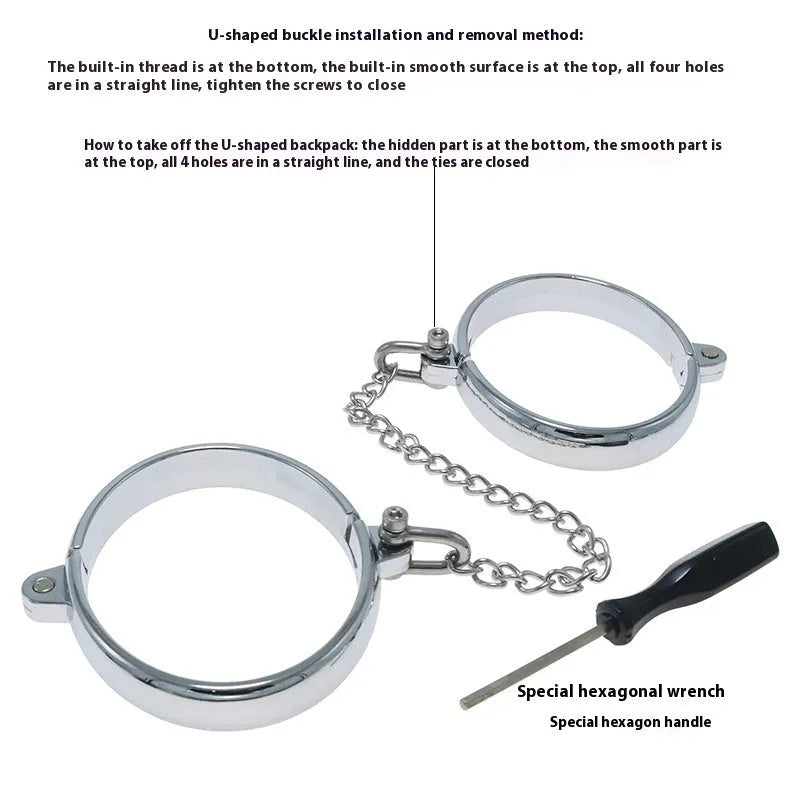 Silver zinc alloy handcuffs and footcuffs with stainless steel chain links bondage set