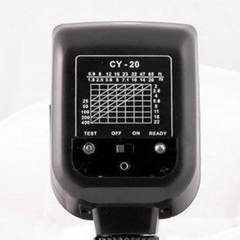 SLR camera flash accessory with adjustable 90-degree head showing compact 65x60x98mm dimensions