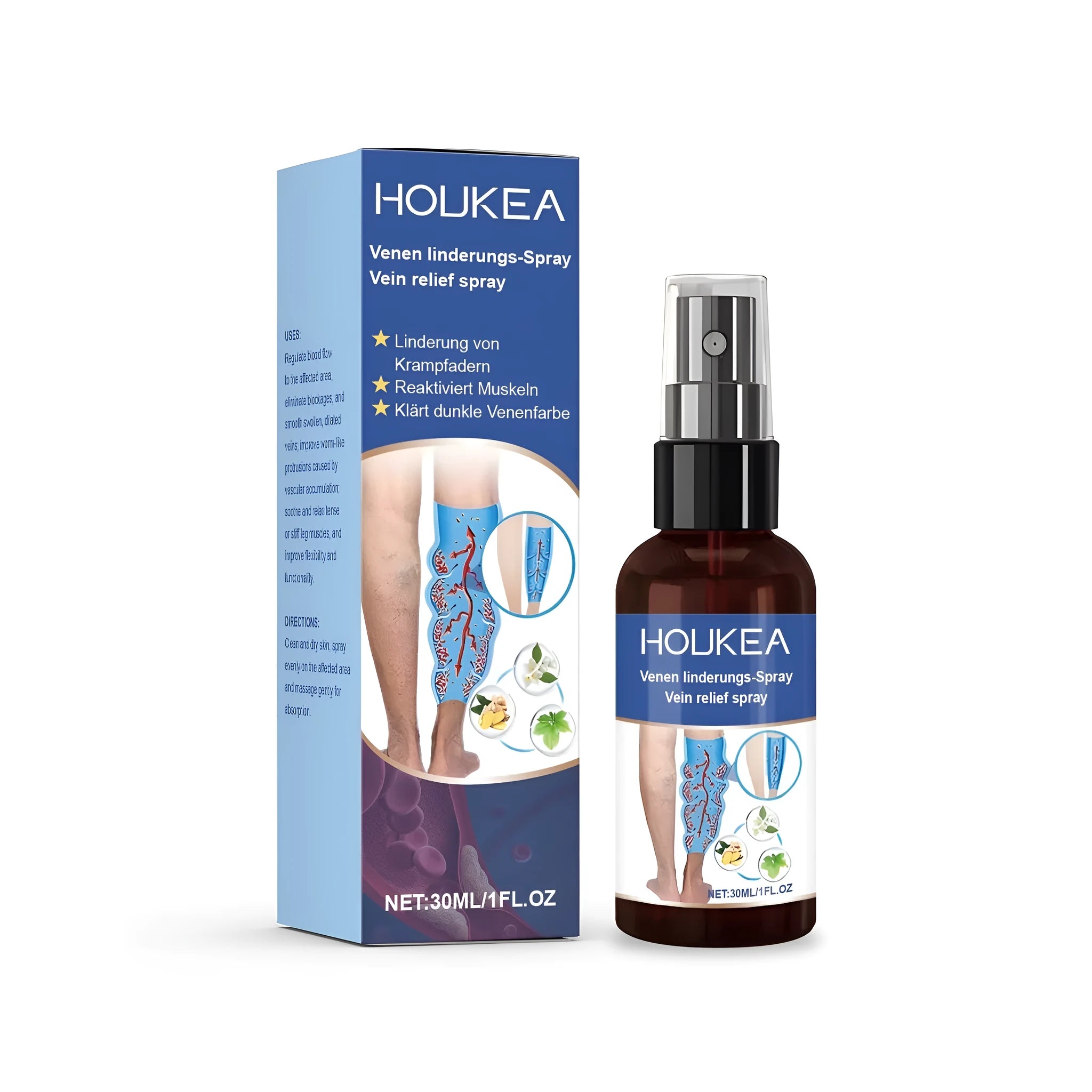 30ml leg soothing spray bottle with menthol, purslane, ginger and sage ingredients
