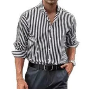 Men's loose fit striped casual button shirt in polyester fabric with cardigan style