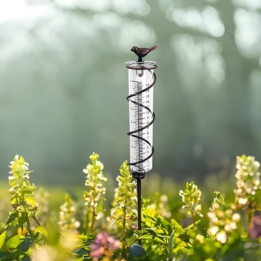 Cast iron and glass outdoor hyetometer with bird design for garden rainfall measurement