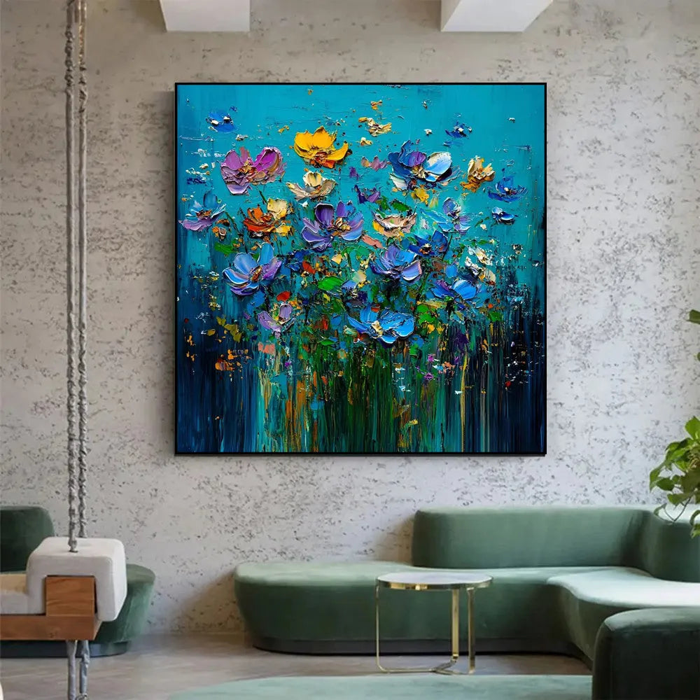 Hand-painted knife flower oil painting on square canvas, modern floral design, unframed, textured 3D effect
