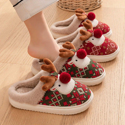 Cozy Christmas elk-themed plush slippers with non-slip soles for comfortable indoor and outdoor wear