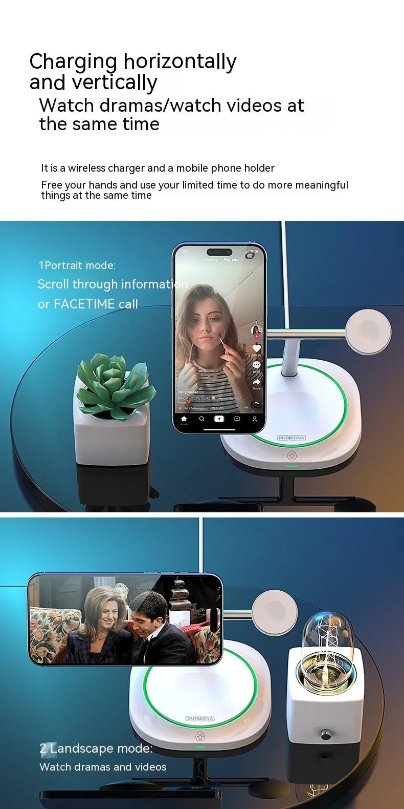 White three-in-one 15W magnetic suction wireless charger for phone earphone and watch on desk
