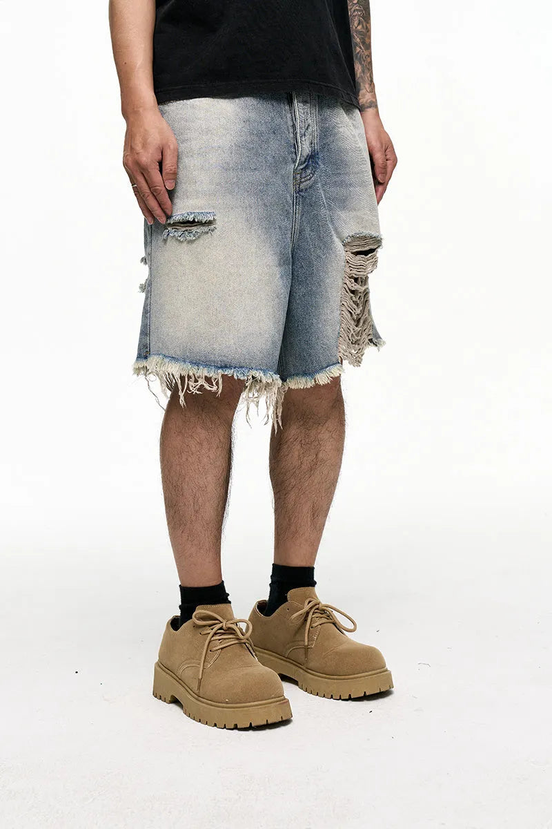Men's light blue retro washed denim shorts with a baggy wide-leg fit on a mid-rise waist.
