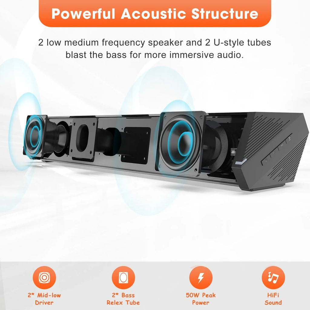 Black 40W wall soundbar with remote control and wall-mounting accessories on a white background