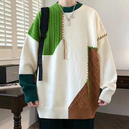 Men's Colorblock Pullover Sweater in green, orange, and grey for winter fashion