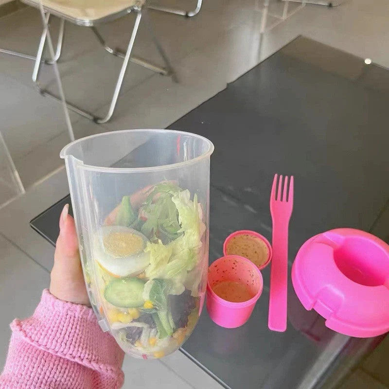 Modern minimalist salad cup with fork and cover in four colours, 1000ml capacity